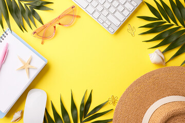 Summer workspace with notebook, hat, and sunglasses on yellow background, ideal for summer planning and creative projects