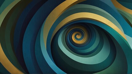 Abstract Smooth Wavy Shapes Background with Shades of Blue and Green with a Golden Spiral Center. Made with Generative AI Technology