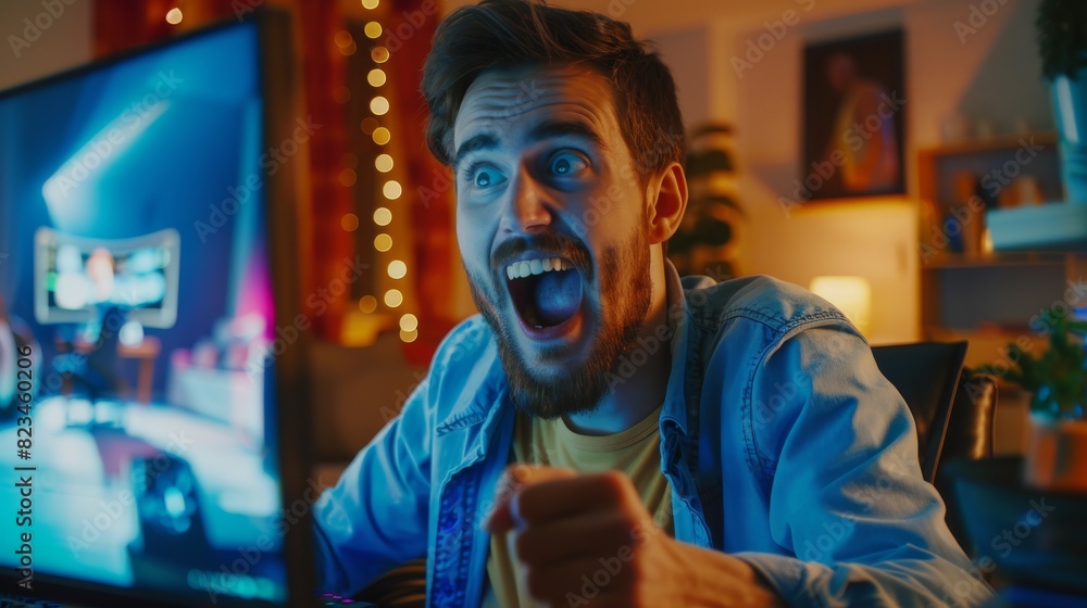 Poster beautiful young man watching an action video on a computer. he is happy and smiling. his face is ref