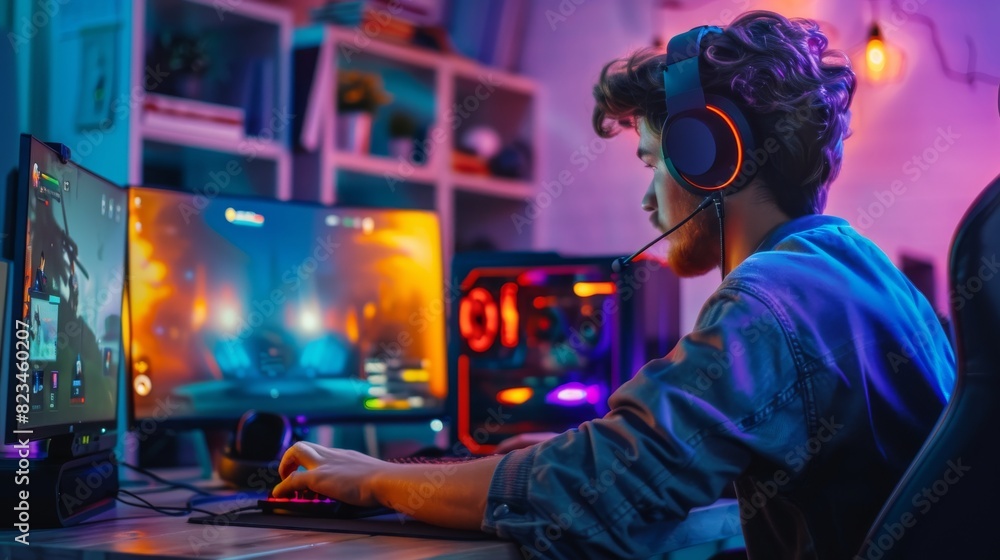 Poster gamer wearing a headset with a mic giving commands to other players in an online game on his compute