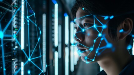 In a futuristic concept, the projector illuminates the face through lines to identify a young Asian IT engineer.