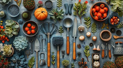 This is an illustration of a garden in a vintage style. A seamless pattern of garden tools is used to create this illustration.