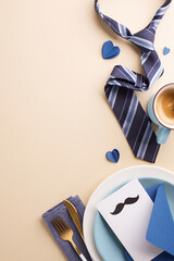 Father's Day breakfast setting with coffee, necktie, blue hearts, and cutlery on a plate. Perfect...