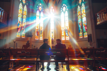 AI Generated image of a Gay couple sitting together in a church