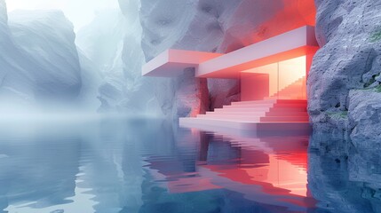 An abstract surreal pastel landscape background is shown in a 3D rendering with architectural shapes, geometric skies, a lake with clam water, and minimal design elements.
