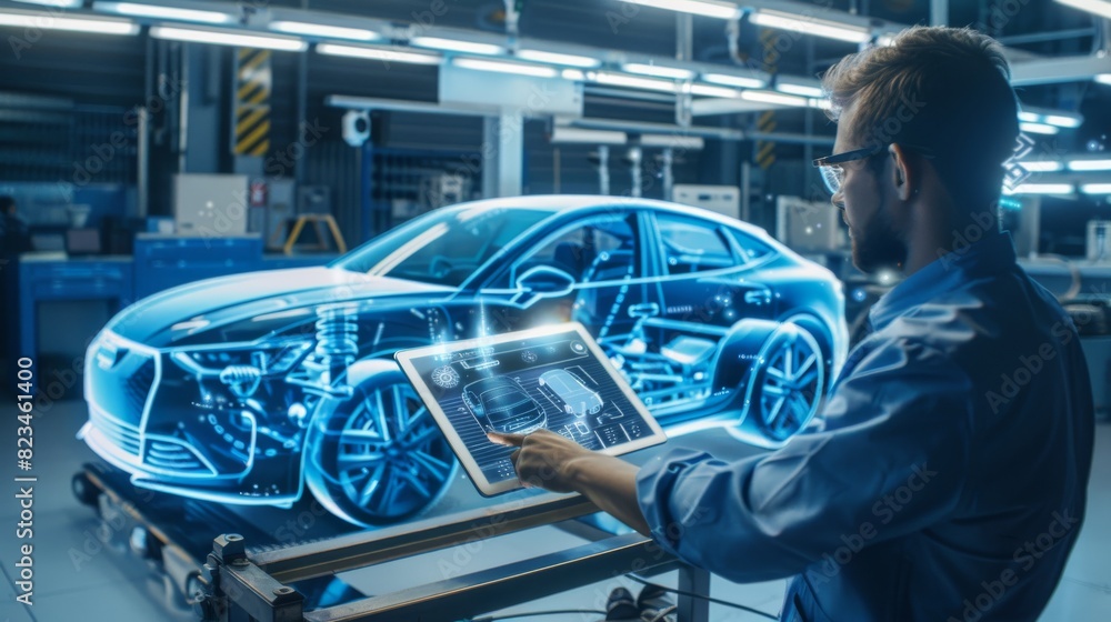 Poster an automotive engineer using an ipad with augmented reality software to analyze and improve 3d car m