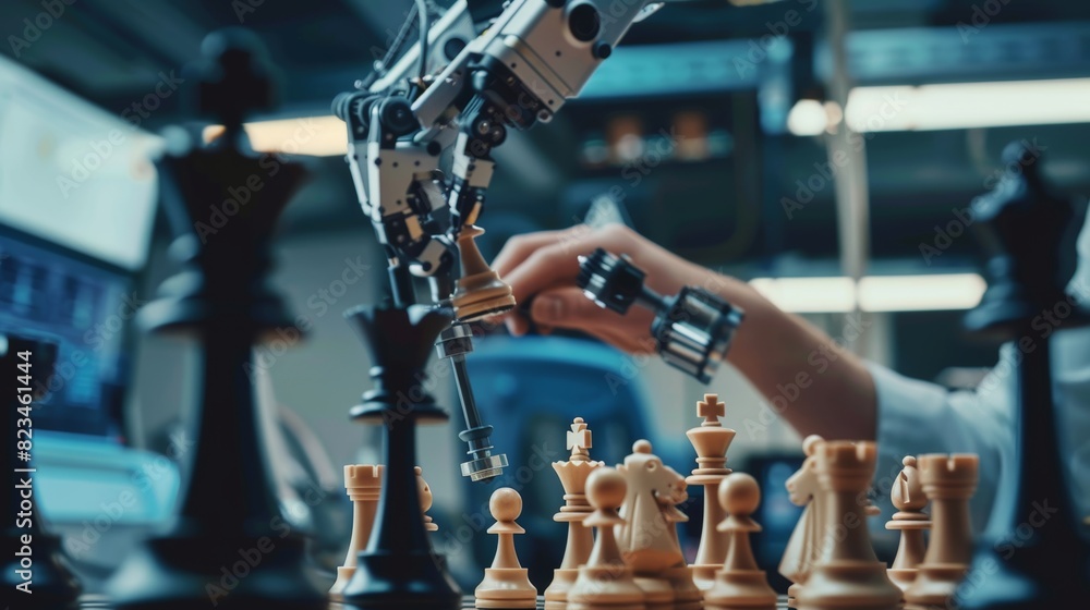 Poster japanese development engineer testing an artificial intelligence interface by playing chess with a f