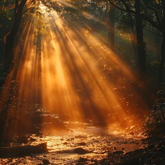 Obraz premium sunlight forest nature autumn trees sun sunbeam fog park leaves landscape light green sunrise morning misty