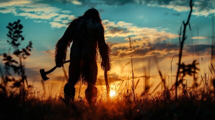A silhouette of a caveman wearing animal skin holding a stone hammer looks around prehistoric forest ready to hunt animal prey. Neanderthal hunting in the jungle. Dramatic low angle arc shot.
