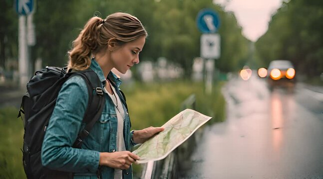 Wanderer mit gro&szlig;em Rucksack h&auml;lt Landkarte in den H&auml;nden und sucht den Weg