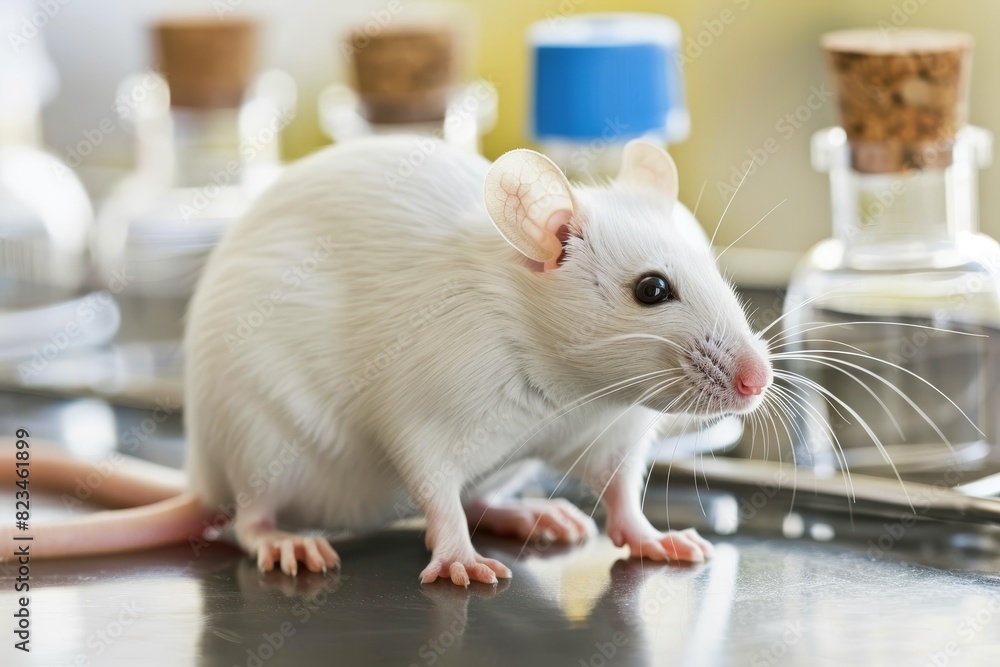 Poster white mouse in bio lab on table with copy space, blurred background for text placement