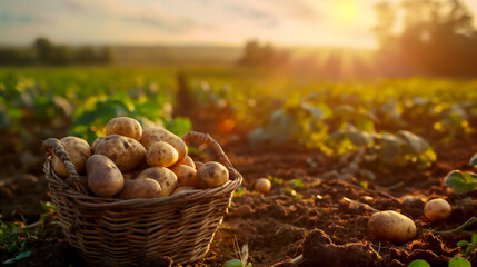 Basket of potatoes on the ground, bathed in sunlight with potato fields behind it