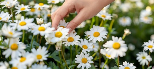 Hand reaching out to touch delicate daisies in a sunlit field on a beautiful sunny day