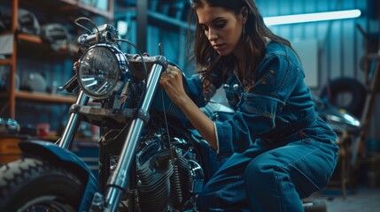 Beautiful young woman working on a Custom Bobber Motorcycle. She is wearing a blue jumpsuit and is using a wrench to tighten the nut bolts. Creative authentic workshop.