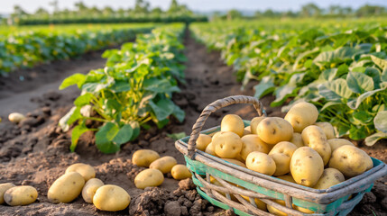 Basket of potatoes on the ground, bathed in sunlight with potato fields behind it