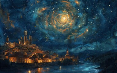 Obraz premium Illustrate a swirling starlit sky above a Renaissance city in an impressionistic manner, highlighting the grandeur and mystery of the era