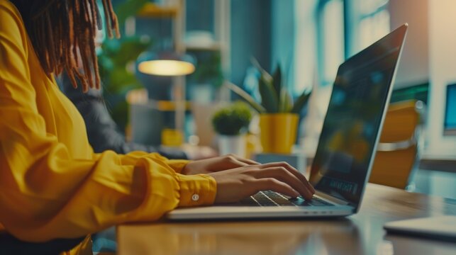 The background shows the bright office where a diverse team of young professionals work as an anonymous young woman sits at her desk using a laptop computer. Focus is placed on her hands as she uses