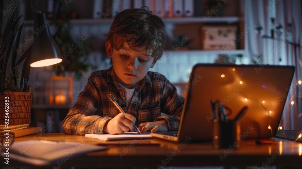 Poster the portrait of a boy doing homework shows a smart little boy using a laptop for learning and writin