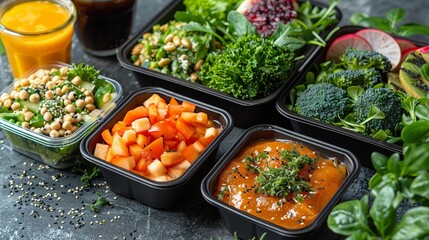 Ready-to-eat meals in containers flanked by fresh herbs and ingredients showcase meal prep and healthy eating