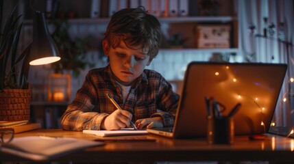 The Portrait of a Boy Doing Homework shows a smart little boy using a laptop for learning and writing down useful information.