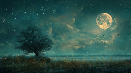 night sky landscape dark background moon nature light tree blue silhouette fantasy star space forest