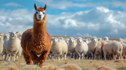 Fototapeta premium Llama Leading Flock of Sheep in Field - Generative AI