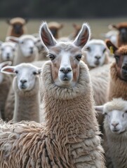 Fototapeta premium Llama Standing Among Sheep in Flock - Generative AI
