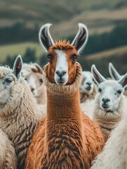 Obraz premium Llama Standing Out Among Sheep in Field - Generative AI