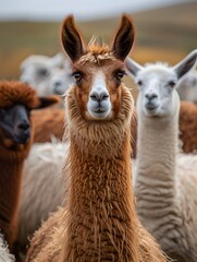 Fototapeta premium Llama Among Sheep in Rural Field - Generative AI