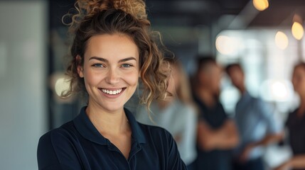 Obraz premium Happy young woman smiling in an office setting. Perfect for business, teamwork, and workplace themes