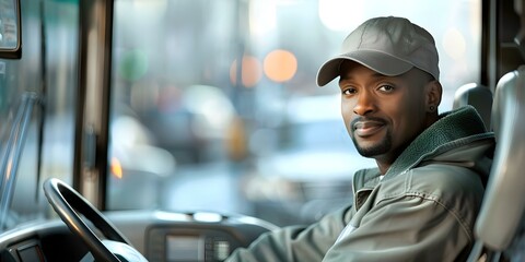 A confident American bus driver in a busy city focused on the road ahead. Concept Cityscape, Public Transportation, Urban Lifestyle, Professionalism, Traffic Safety