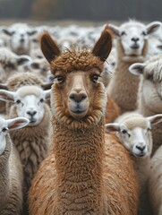 Obraz premium Llama Standing Out in a Flock of Sheep - Generative ai