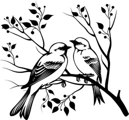 Birds on branch with leaves silhouette in black color. Vector template.