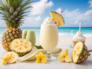 Ice cream, fruit, pineapple, banana, tropical theme, Hawaiian vacation by the sandy beach.