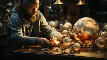 A man makes a layer of earth globe, world geography, planet and its creation. A workshop where a man makes globes. generative ai