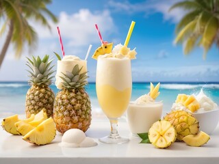 Ice cream, red cherry banana slices, pineapple, vanilla milkshake, tropical theme, Hawaiian vacation by the sandy beach.