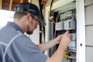 A man intricately works on an electrical panel, upgrading the system with precision and expertise.