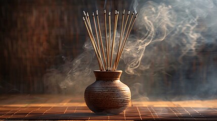 A vase filled with incense sticks with smoke coming out of it. The sticks are in a brown vase on a brown table. - Powered by Adobe