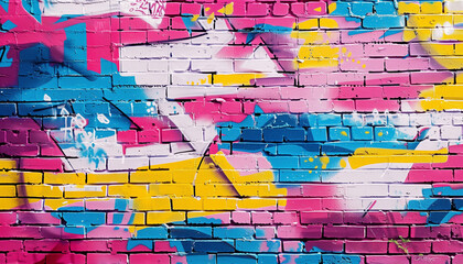 Abstract Graffiti Art on Urban Brick Wall with Vibrant Pink, Blue, and Yellow Paint - Street Art