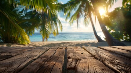Wooden table overlooking a tropical beach with palm trees. Ideal for travel, vacation, and relaxation themes