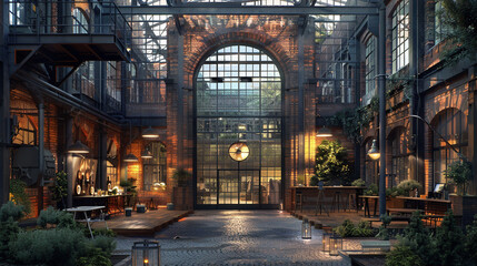 A science research facility built into a renovated industrial warehouse. The building retains its original brick facade with large arched windows - Powered by Adobe