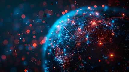 Globalization in the digital data network, Global network connection concept, abstract concept earth, Global telecommunication network, nodes connected around earth, internet, worldwide, Generative Ai
