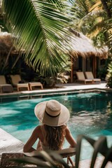 Obraz premium A woman in a stylish hat relaxes by a calm pool, enjoying a peaceful moment of solitude and serenity.