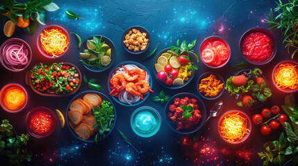 Many dishes and food on a neon background, poisoned or magical food, soups and dishes of the world...