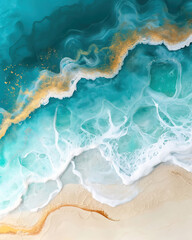 Beautiful beach sand and water, turquoise blue with white waves, alcohol ink in the style of thin gold lines.