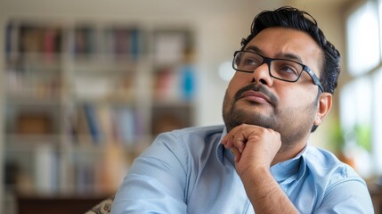 A man with glasses seated in front of a bookshelf, deep in thought