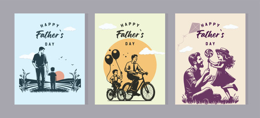 Happy Father's Day with dad and children silhouettes. Vector greeting card with a nice message of Father's Day.
