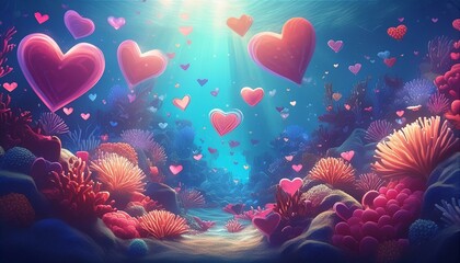 a magical underwater world celebrating love, with a diverse array of marine life participating in the romantic theme