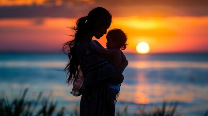 Serene Beach Sunset with Mother Holding Child - ai generative