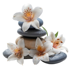 A bouquet of white flowers is placed on top of three large rocks. The arrangement creates a sense of balance and harmony, with the flowers and rocks complementing each other